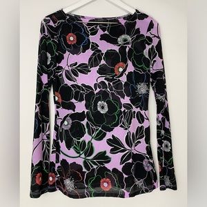 NWT Halogen Sheer Long Sleeve Top Black & Purple Floral Size Medium